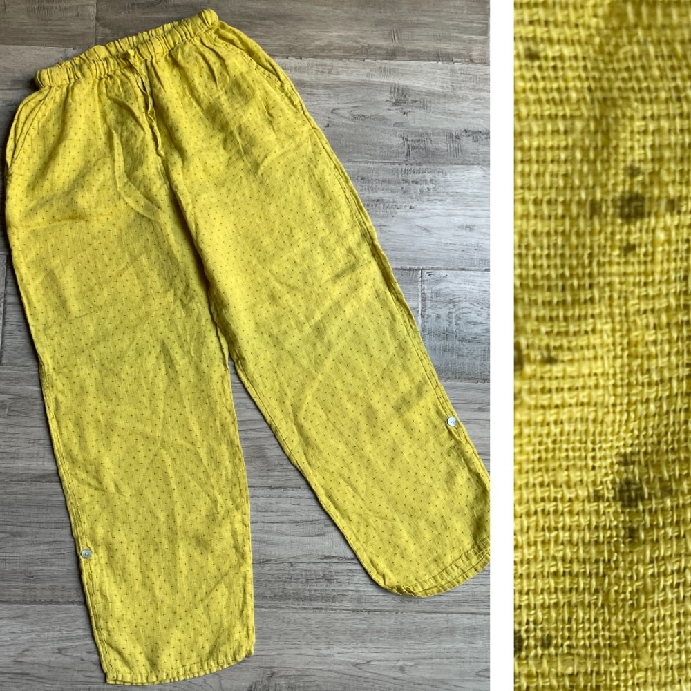 FLAX Wide Leg Linen Pants Elastic Waistband Yellow Color Overall Pattern SZ M